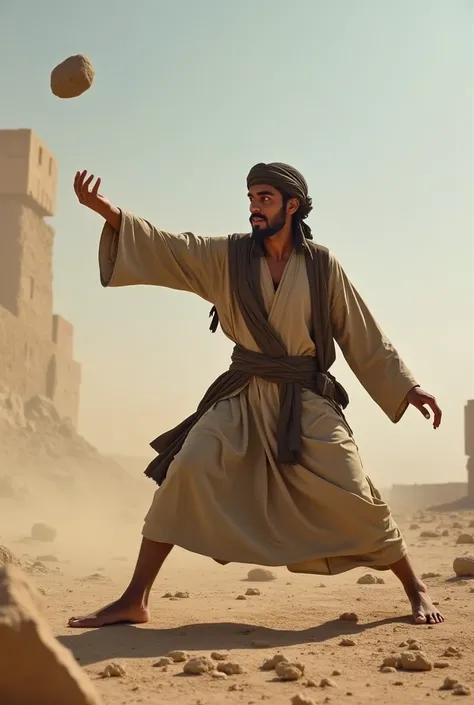 A young man in muslim getup throwing stone