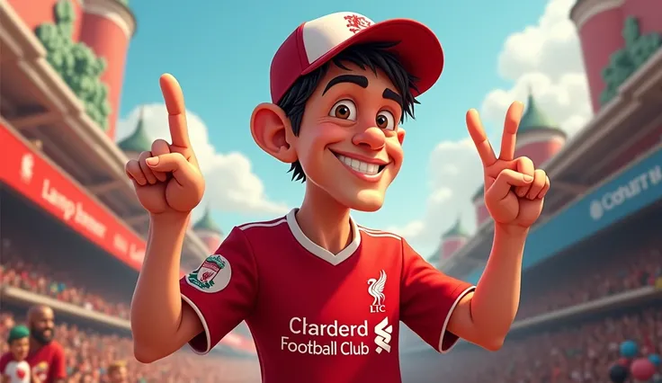 A man with short hair, cheerful, Disney style, holding up two fingers on one hand and wearing a Liverpool cap. Wearing a Liverpool football shirt standing in cartoon style illustration Detailed and colorful High quality, realistic photography dynamic poses...