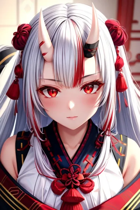 best quality, intricate details, 1girl, nakiri ayame, oni horns, multicolor hair, long hair, red eyes, white hair,