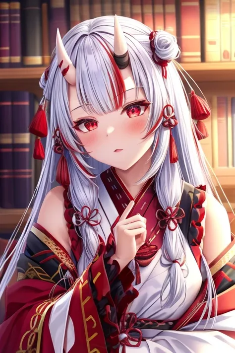 best quality, intricate details, 1girl, nakiri ayame, oni horns, multicolor hair, long hair, red eyes, white hair,