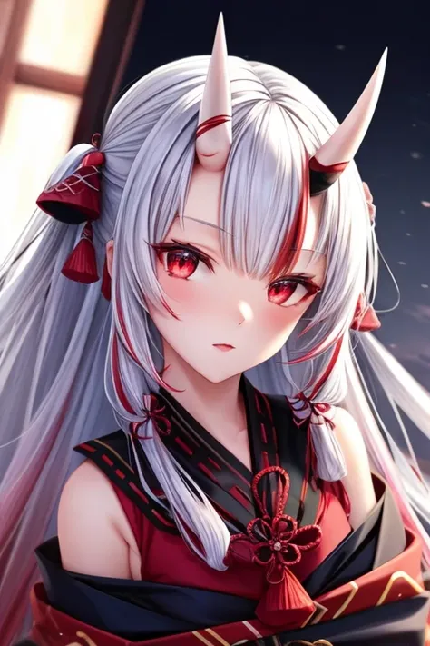 best quality, intricate details, 1girl, nakiri ayame, oni horns, multicolor hair, long hair, red eyes, white hair,