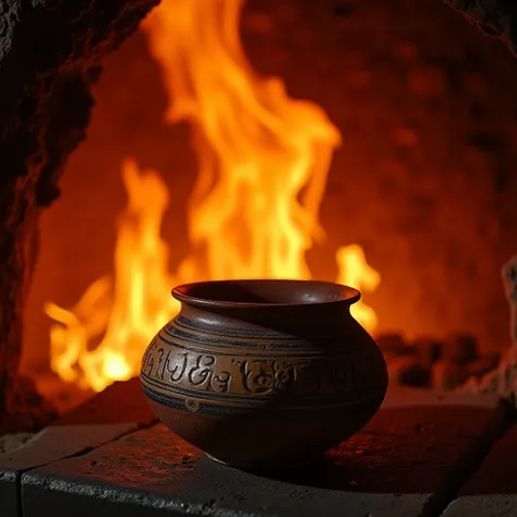 The worlds oldest art is nearing completion, Jomon pottery is fired in a kiln, engulfed in flames, Please take a close look at the Jomon pottery that has been burned red by the flames, Realistic photos, (Close-up to pottery:1.2), (Burning flame background:...