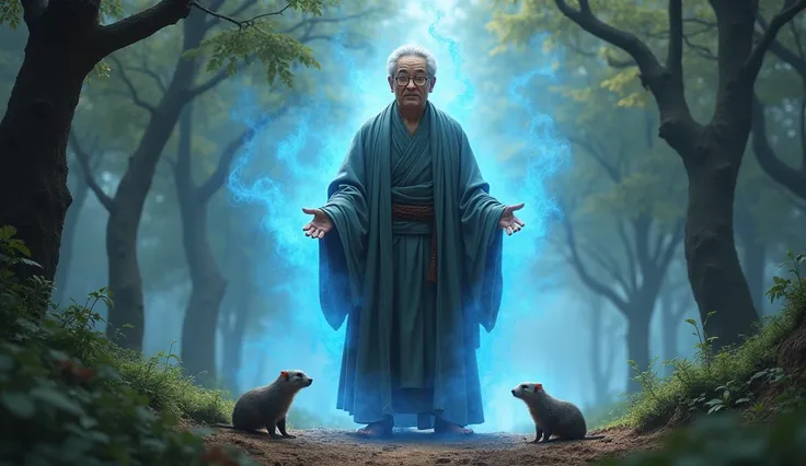 An old professor wearing glasses reflecting profound ancient wisdom, short hair, and Asian gave off a strong blue aura around him. He stood among the moles in the early morning forest.