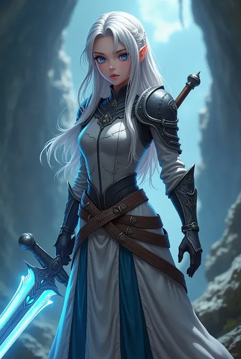 4K anime style quality, digital drawing mode, Medieval fantasy style female animated character, Long silver hair, determined blue eyes, Wearing worn dragon-marked armor, Holding a giant sword, The sword glows blue,Blur the background to create a three-dime...