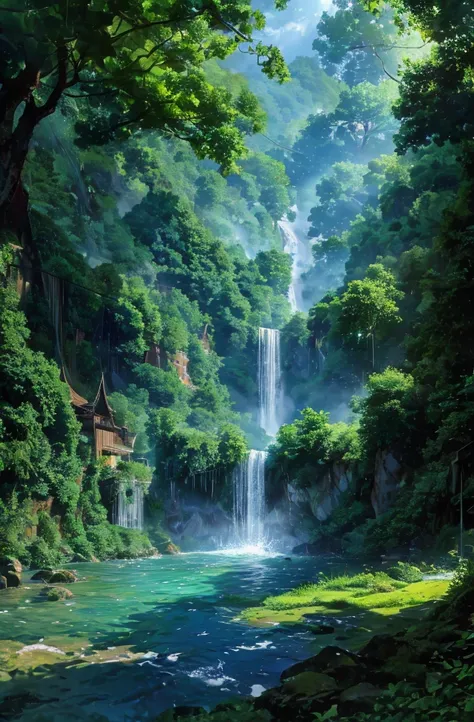 A hidden village nestled within a lush forest, with houses built into the trees and connected by rope bridges. A massive, glowing waterfall cascades down a cliff nearby, its waters sparkling with magical energy.