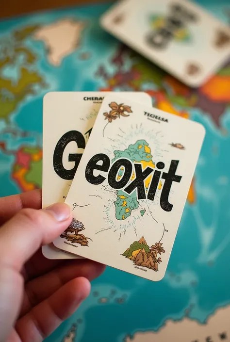 Design the back of the card game. The game is called geoxit. This game is about places in the world. Please make it have the word geoxit clearly.