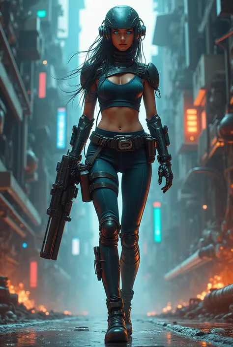 (Front view:1.5)，(full_shot:1.7), girl，独奏，photo，Steampunk girl photo illustration，Shining blue eyes，Tights，Side view iconic model walking pose，Advanced Cybernetic Helmet，Waist bag with heavy weapons，Enhanced cybernetic gloves with large weapons，Full body t...