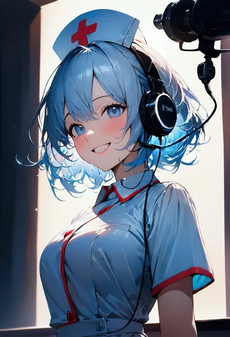 Light blue hair color,Shortcuts,woman,Nurse uniform,Nurse cap,Cinema Lighting, (masterpiece:1.2), 最high quality, high quality, High resolution, (Super detailed), Detailed Background, One person,headphone,smile,Light background,indoor,Have fun and laugh,