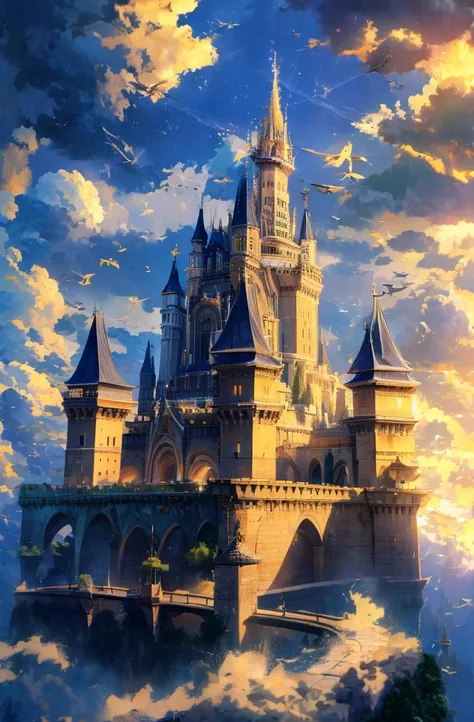 A majestic floating castle surrounded by swirling clouds, with bridges made of light connecting it to smaller floating islands. The castle towers are adorned with banners fluttering in the wind, and a flock of winged creatures flies around it.