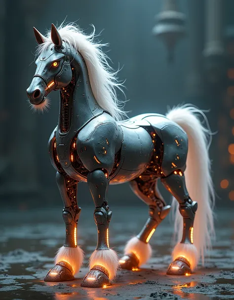 a photo of a mecha robo mythology creature centaur, horse tail, highly detailed, photorealistic, cinematic lighting, intricate machinery, gleaming metal, glowing energy, epic scale, futuristic, science fiction