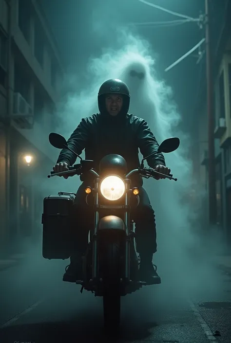 A food delivery man on a motorcycle with a scared face because there is a ghost behind him in a foggy night building area