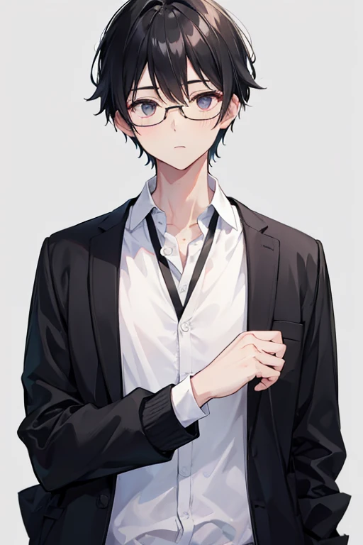 cute,  He has black hair and wears black glasses, White shirt with black cardigan