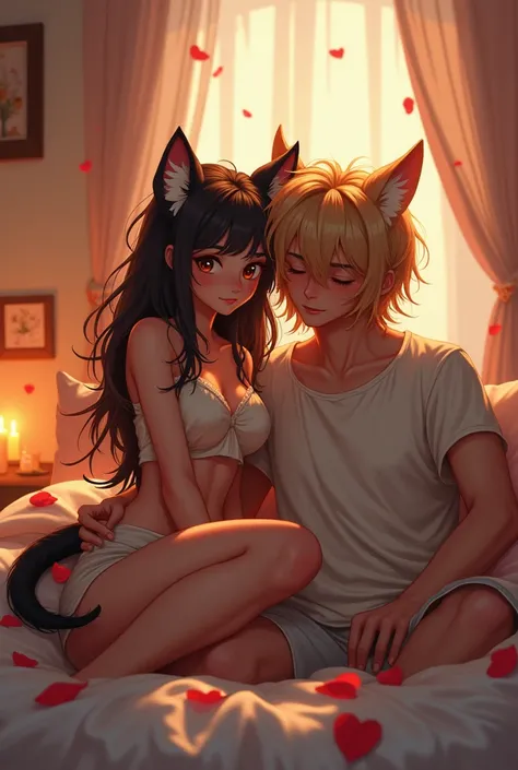 Couple, cat furry girl, man bedroom