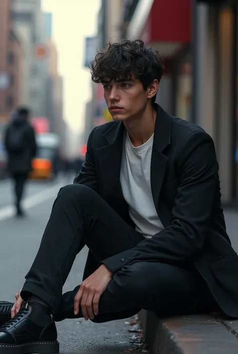 Young man who was sitting on the street
(He was wearing black pants, a white T shirt and a black coat)