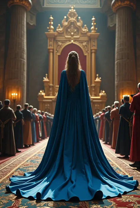 Woman in blue dress with cape about to be crowned is standing in front of her coronation throne in a beautiful castle the king is waiting for the woman to arrive at the altar 
