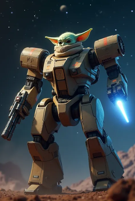 ((best quality)), ((masterpiece)), ((realistic)), 1baby Yoda, steering a giant mecha, mech is gigantic, cute yoda ,large,eyes, high-resolution, the mech is equipped with a blazing blue energy-saber in the right hand, the mecha has a rocket launcher on the ...