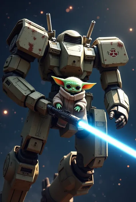 ((best quality)), ((masterpiece)), ((realistic)), 1baby Yoda, steering a giant mecha, mech is gigantic, cute yoda ,large,eyes, high-resolution, the mech is equipped with a blazing blue energy-saber in the right hand, the mecha has a rocket launcher on the ...