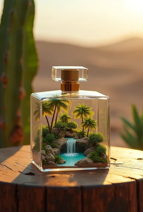 Image in 85K high definition and realism a selfie of a bottle of luxurious perfume inside this glass is a small rock island with coconut trees flowering bushes banana trees dense trees and a mini lake with a waterfall this glass is on an old wooden table i...