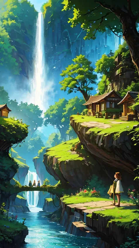 A hidden village nestled within a lush forest, with houses built into the trees and connected by rope bridges. A massive, glowing waterfall cascades down a cliff nearby, its waters sparkling with magical energy.