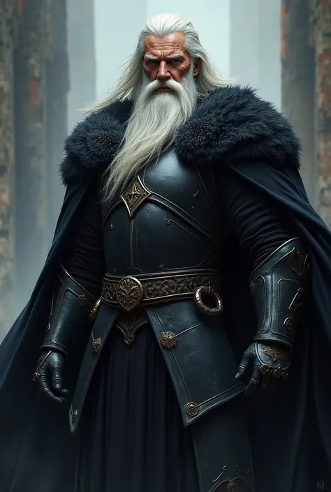 Dark warrior in dark armour, black velvet cape, with a long white beard, heroic fantasy character, painted portrait of rugged odin, fantasy digital art style