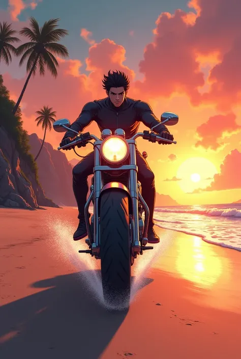 Man riding motorcycle on beach sunset anime hd
