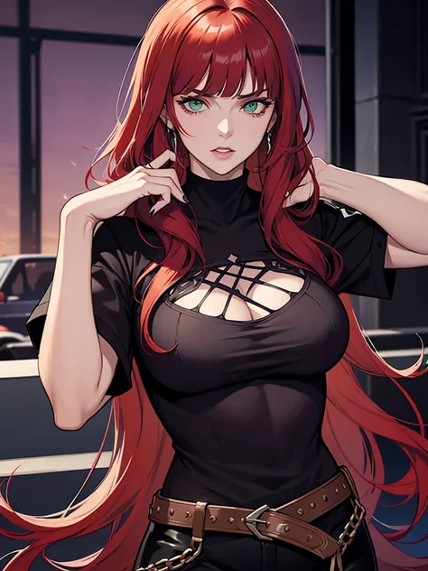 green eyes, red hair with long bangs, noble. wavy long hair. strong woman. she quiet. wear purple and black t shirt. dominant woman. mafia. mature woman. girl boss. badass woman. gangster. hair so long have bangs. gangster