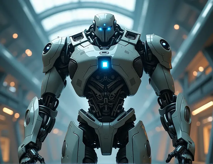 a highly advanced robot, intricate mechanical details, gleaming metallic body, glowing blue eyes, complex circuitry and inner workings, standing tall with a powerful presence, futuristic sci-fi setting, cinematic lighting, photorealistic 8k render, concept...