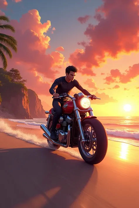 Man riding motorcycle on beach sunset anime hd
