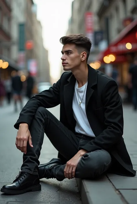 Young man who was sitting on the street
(He was wearing black jean pants, a white T shirt and a black coat)