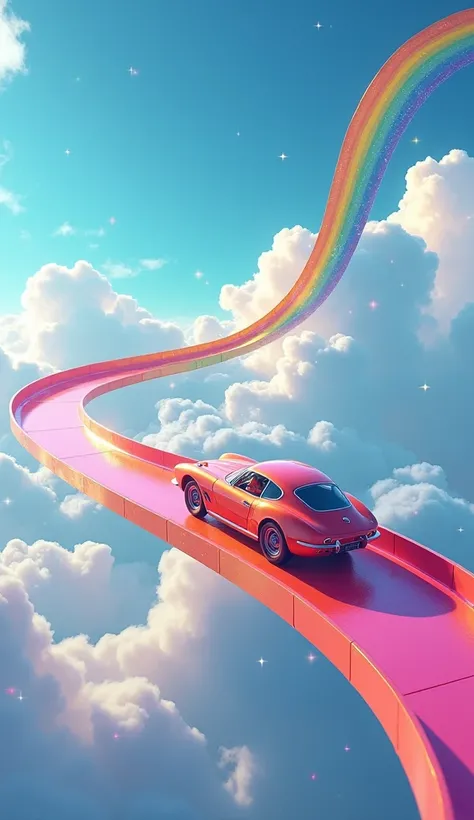 fantasy scenes, the slide is made of rainbows,a car going down the slide, beautiful sky,