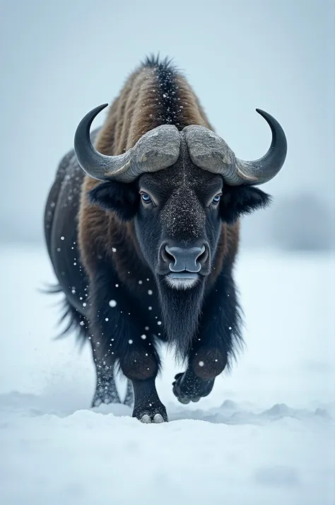 create 12k ultra-realistic Arctic Cape buffalo walking front in angry mood in snow land and snow falling