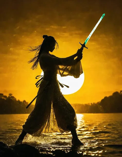 (Heroine dancing sword silhouette:1.5),Anatomically correct，Glowing sword,(moving posture),Hold the hilt of a sword in your hand，1sword，solo，on the lake，high contrast, movie lighting, Enigmatic Atmosphere,， corrugation，(Splashing water;1.4)，a moon，Motion B...