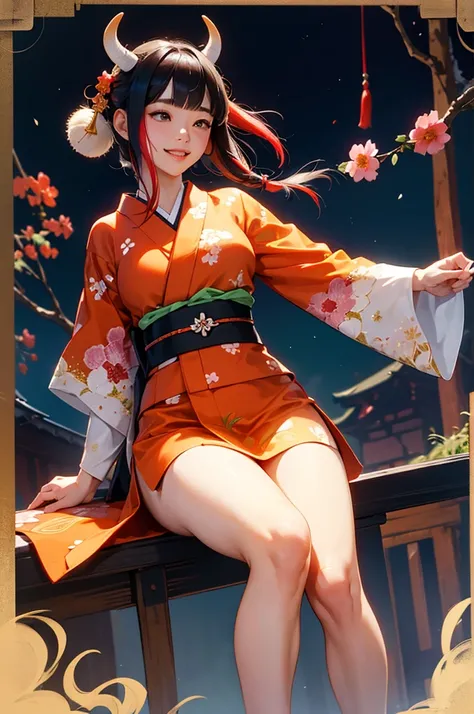 oni、Wearing a beautifully patterned kimono、You have a beautiful smile，(japanese )，japanese Festival ,very short stature，thick thighs，Do，japanese Festivals，(Side bangs,colorful hair)，Bruises and gestures，dynamic pose，no pantie, horny pose,