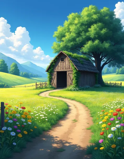 Create a highly detailed anime-style illustration of a serene countryside scene on a bright, sunny day. The focal point is an old, rustic wooden barn covered in ivy, with its weathered roof partially concealed by lush greenery. The barn is set in the middl...