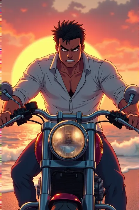 Angry white shirt man riding motorcycle on beach at sunset anime hd
