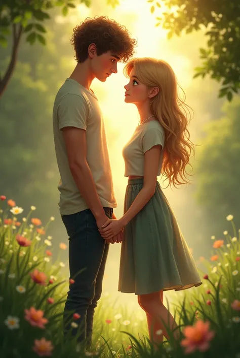 A blonde girl stand by her green eyes, curl hair boyfriend. They are at same height