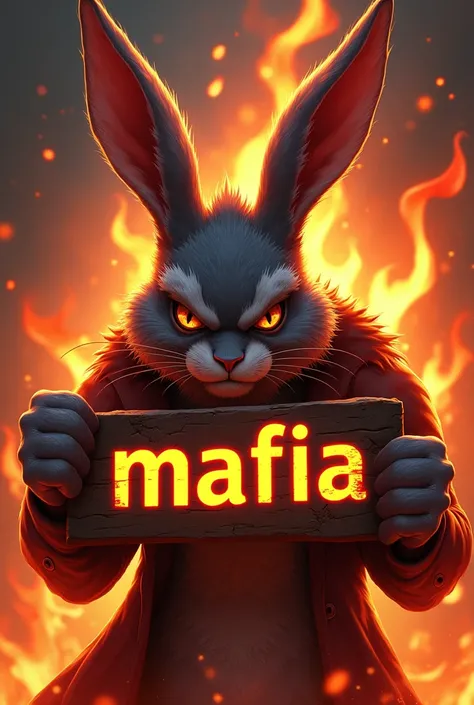 Guild slogan with name "™ MAFIA" in the hand of a rabbit and fire 