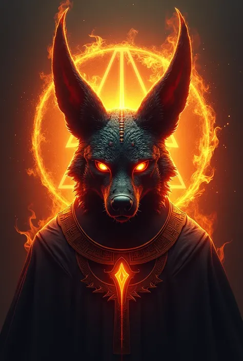 ((best qualityer)), ((work of art)), (detailded), epic gamer style image , 1 anubis on fire , estilo dragao. Anubis must have a bust image,  because it will be used for the brand logo, Anubia&#39;s vision has to be frontal. There must be the Egyptian symbo...