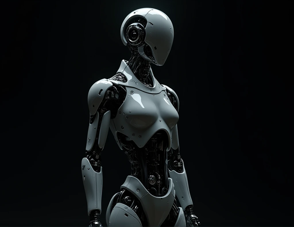 a slim high tech advanced robot with human shape body, detailed robot anatomy,highly detailed metal body, complex robotic features, advanced technology, black background, robot emerging from background, photorealistic, 8k, hyper detailed, intricate mechani...