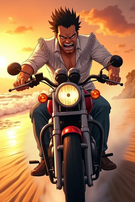 Angry man in white shirt with fringe riding motorcycle on beach at sunset anime hd
