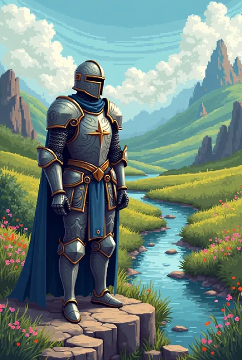 Pixel art 640x360, knight in souls armor, and in a beautiful and pleasant place. 