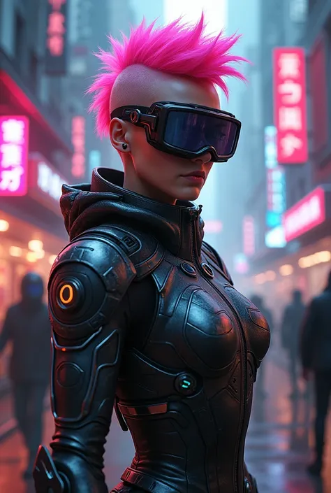 "A futuristic cyberpunk girl with a neon pink mohawk, wearing a high-tech visor and a sleek armored jacket, walking through a crowded marketplace illuminated by vibrant neon signs."