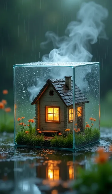 Create a detailed and atmospheric image of a small, cozy house inside a transparent glass cube. The scene should be a macro view, capturing the intricate details of the house, such as the texture of the walls, the shape of the roof, and the soft glow of li...