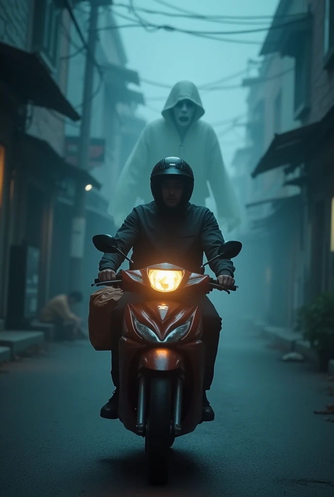 A food delivery man on his motorcycle because there is a ghost behind him in a foggy night building area