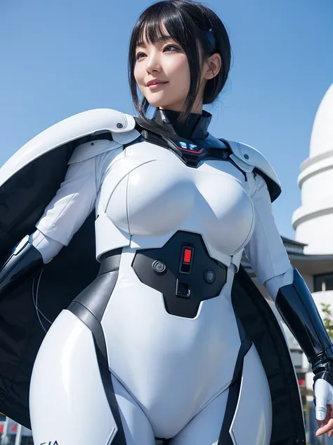 Japanese female android,Black Hair,White and blue robot suit,Plump,Looking up at the Great Buddha,smile,