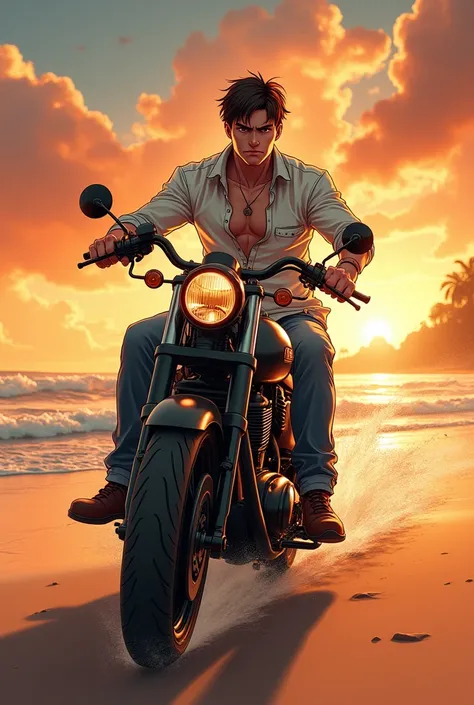 Man in white shirt fringe riding motorcycle on beach sunset anime hd
