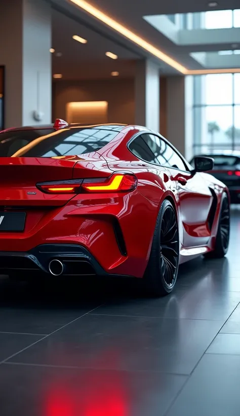 BMW car, sport mode, red lights on, reflective body, inside the showroom