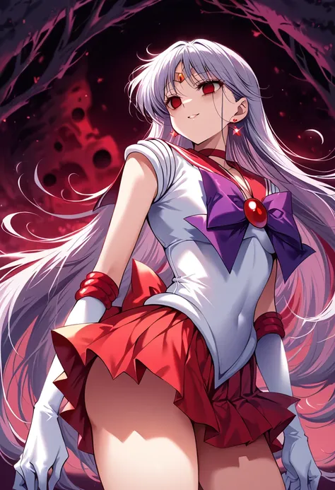 (masterpiece, Highest quality, so beautiful, Very detailed), Intricate details, 12k, Honestly, aamars, long hair, black hair, tiara, earrings, red choker, red sailor collar, purple bowtie, white shirt, elbow gloves, white gloves, pleated skirt, red skirt, ...