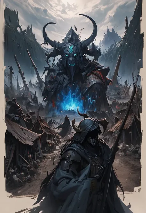 destroyed village, Mediovale, grimdark, blue skinned demons with horns suffering in misery, divine call to return 