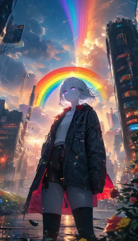 Angelic, detailed woman, sunrise, rainbow, After the Rain, horizon, In the sky, city , Lens flare, colorful,coat,Put your hands in your pockets,(student, 1, ＪＫ, Her short silver hair sways, Space-colored eyes, Pale skin, Tired face、Lack of eye sparkle) Loo...